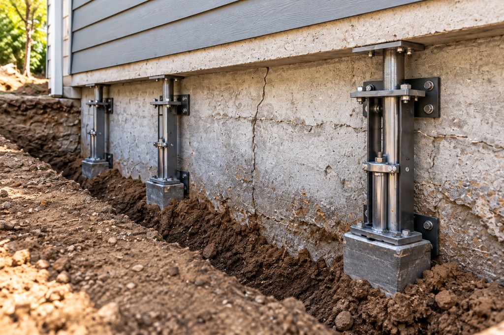 Foundation with steel piers and a cracked wall