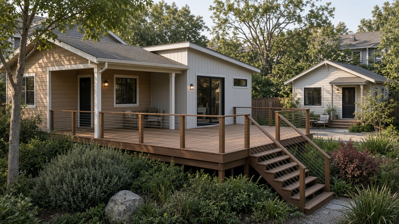 San Francisco Bay Area home with a tasteful addition, modern deck, and backyard ADU