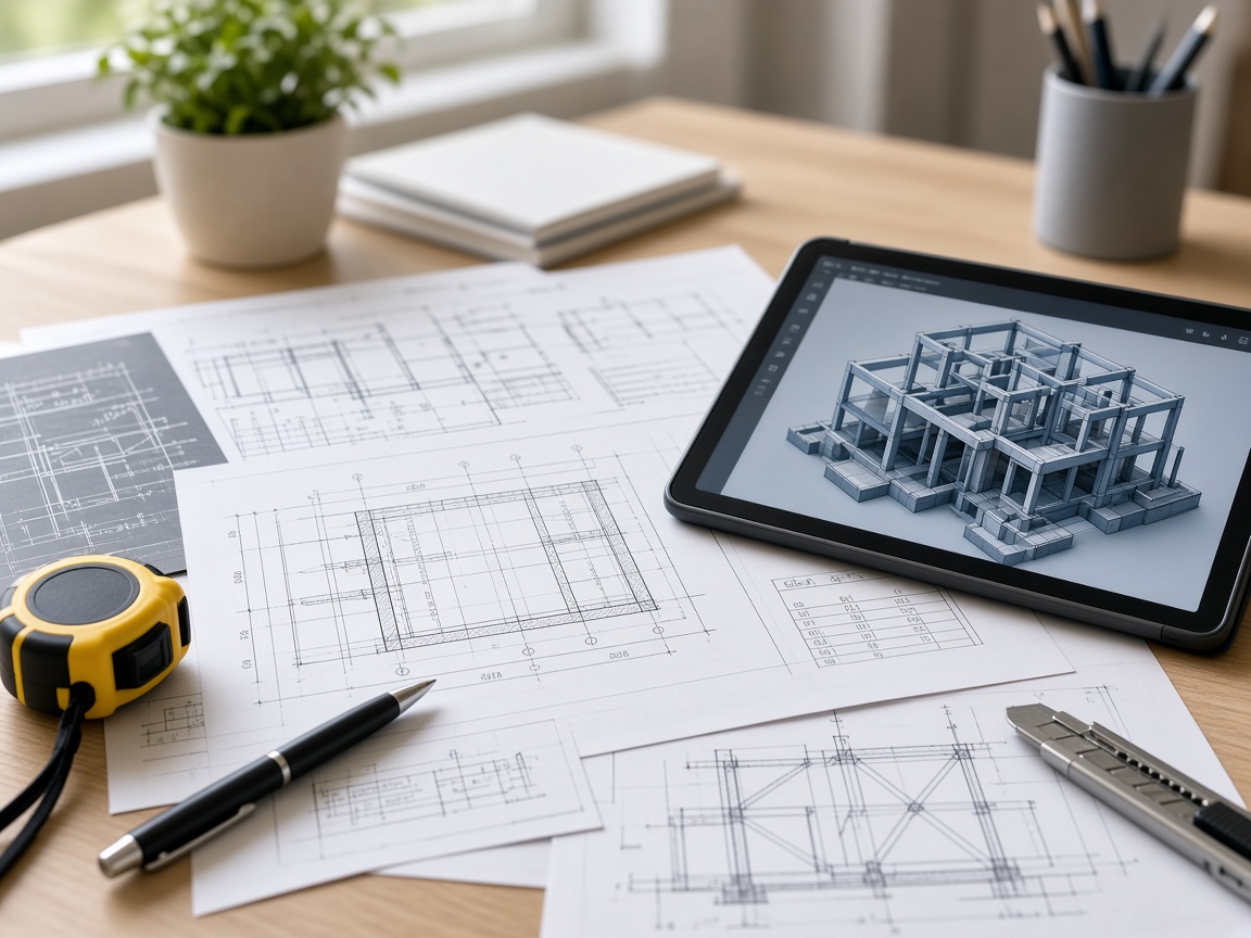 Residential structural drawings and project notes on a desk
